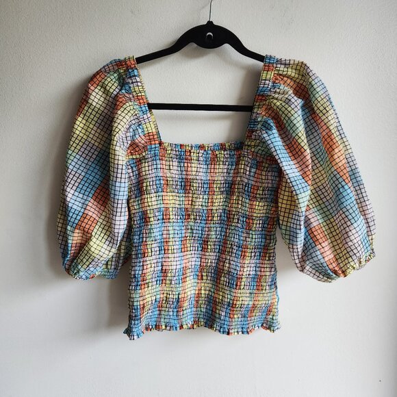GANNI Shirred Puff Sleeve Seersucker Top in Pastel Check - US 4 (S) - Picture 9 of 16